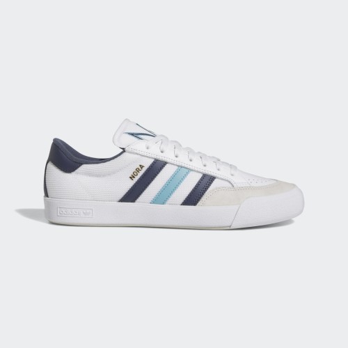 adidas Nora White Blue Navy Nora Vasconcellos debut model for adidas Skateboarding digs into the archives and her Mom s closet for tennis inspired style and aesthetics. Fusing her signature style with