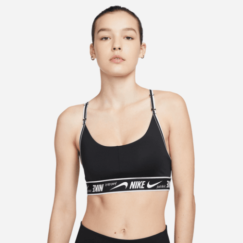 Nike Indy Light-Support Padded Logo Sports Bra Black / White Make simple  support even easier in a bra with straps that adjust in the front. Soft  fabric (made with at least 50%