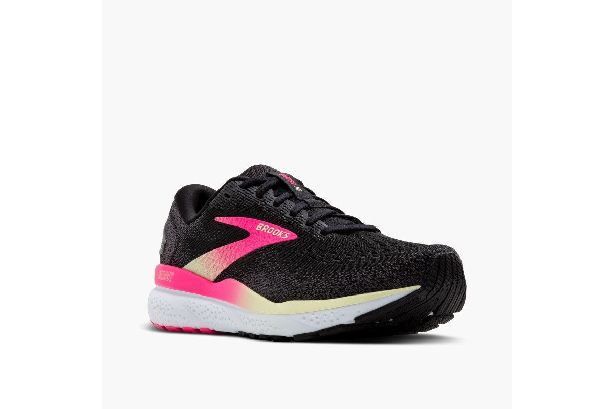 Brooks Ghost 16 Black Pink Yellow Step into the new men s Ghost 16. We updated the soft and reliable cushioning to be lighter weight and enhanced the upper to deliver
