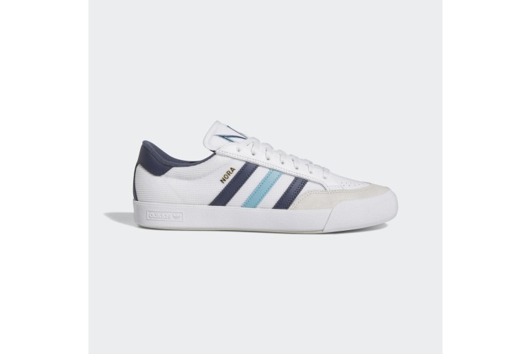 adidas Nora White Blue Navy Nora Vasconcellos debut model for adidas Skateboarding digs into the archives and her Mom s closet for tennis inspired style and aesthetics. Fusing her signature style with