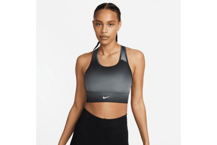 Nike Swoosh Medium-Support Longline Padded Sports Bra Black / Reflective  Silver Feel ready to run in this longline bra. The Swoosh bra's iconic wide  racerback straps combine with a chest band that