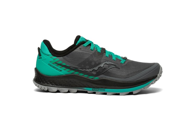 Saucony Peregrine 11 Shadow Grey Jade Green Hit the trails at peak speed. Feel the speed and grip of the always capable Peregrine 11. Built on a trusted foundation of PWRTRAC rubber